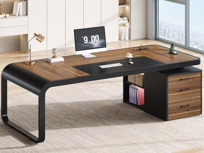 70.9" Executive Desk, Large Computer Desk with Drawers and Lateral File Cabinet, Office Desk with Removable Shelves, Business Furniture Desk Workstation for Home Office, Walnut