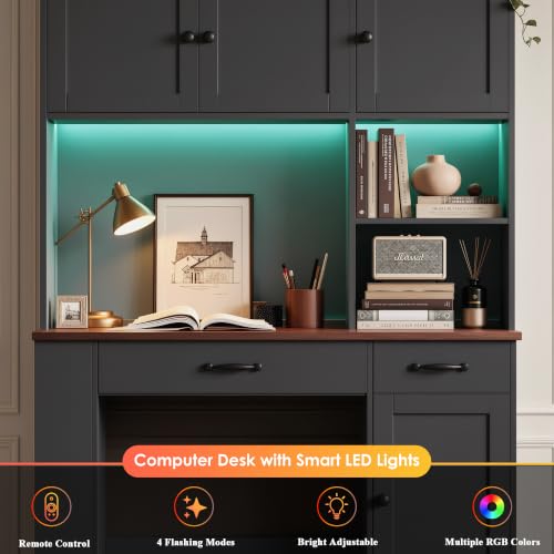 71" Tall Computer Desk with Hutch, LED & Charging Station, Black, view 6