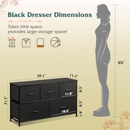 Wide Dresser for Bedroom, 5 Drawer Chest of Drawers, Charcoal Black, view 4