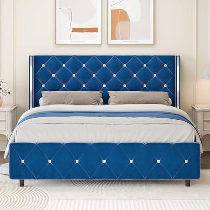 Queen Size Bed Frame with Headboard, Blue Queen Bed Frame with Wingback, Upholstered Bed Frames with Diamond Headboard, Wood Slat Support, No Box Spring Needed, Easy Assembly, Blue