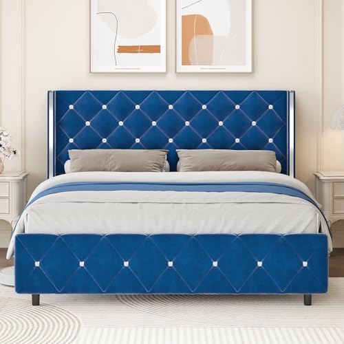 Queen Size Bed Frame with Headboard, Blue Queen Bed Frame with Wingback, view 2