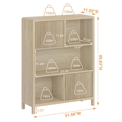 Cube Bookshelf with 2 Doors, Wood Bookcase with Storage, Modern 5 Cubby Book Shelf for Home Office Living Room (Light Walnut)