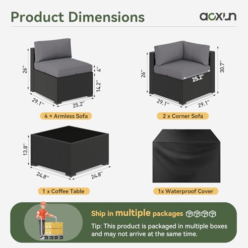 7 Piece Patio Furniture Set Wicker Rattan Patio Sectional Sofa Set Outdoor Seating Furniture with Thickened Cushion, Grey