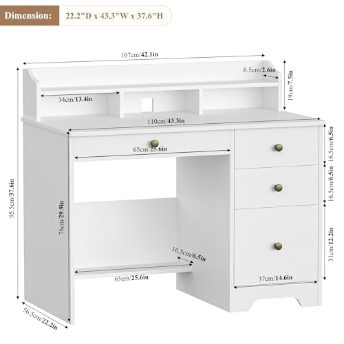 Computer Desk with Drawers and Hutch Shelf, Wood Executive Desk Writing Study Table with 43” Wide Tabletop, Small Desk with File Drawer for Home Office Bedroom, White