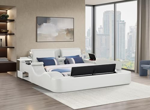 King Size Beige Leather Bed with Massage Recliner, view 2
