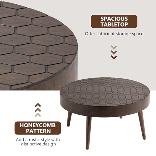 Round Coffee Table Set of 2, Nesting Tables with Honeycomb Pattern, Modern End Table for Living Room, Farmhouse, Brown