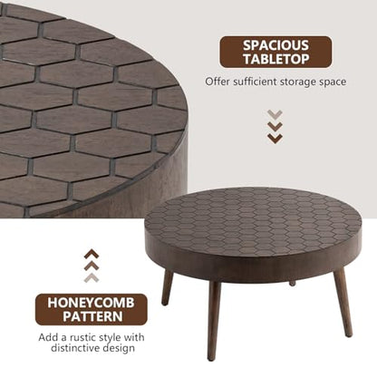 Round Coffee Table Set of 2, Nesting Tables with Honeycomb Pattern, Modern End Table for Living Room, Farmhouse, Brown