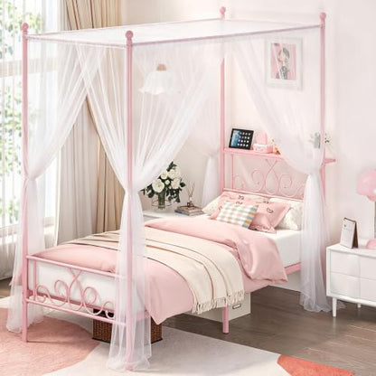 Twin Metal Canopy Bed Frame with Storage Headboard, 4 Poster Bed, Pink, view 2