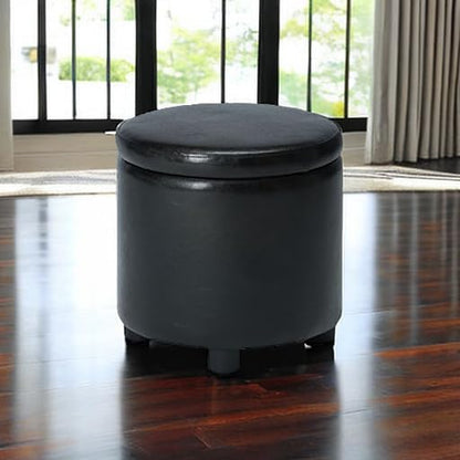Designs4Comfort Round Accent Storage Ottoman in Black Faux Leather Fabric