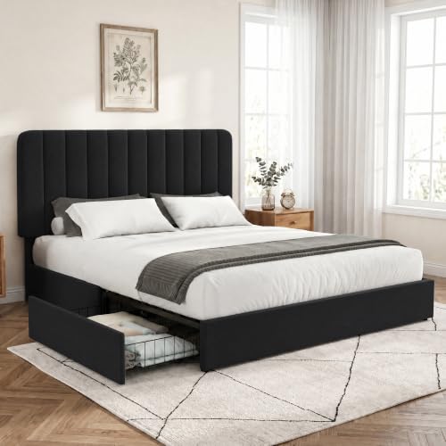 Queen Size Upholstered Bed Frame with 4 Drawers and Headboard, view 3