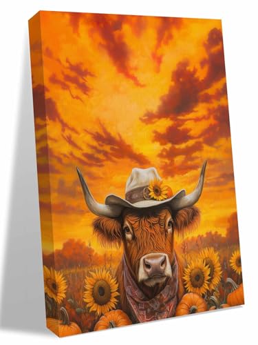 NuYeBiofx Thanksgiving Pumpkin Farm Yak Canvas Wall Art Prints,30"x20" Framed Picture Artwork Gradient Orange Sky Printed Canvas Oil Painting for Living Room Bedroom Office,Ready to Hang