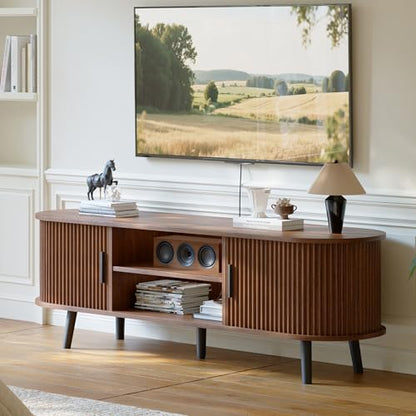 Mid Century Modern TV Stand for TVs up to 60 Inch, Entertainment Center with Fluted Sliding Doors and Hidden Storage, TV Console with Adjustable Shelf for Living Room, Bedroom, Walnut