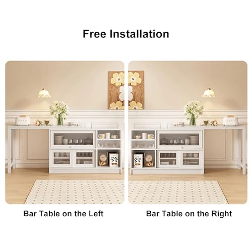 47" Large Buffet Sideboard Cabinet Extendable Wood Kitchen Storage Cabinet with 3 Doors, Foldable Dining Table with Extension Leaves, White (White)