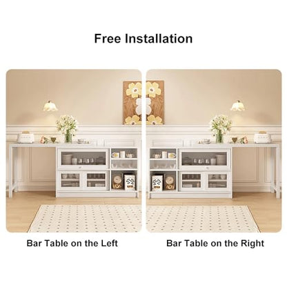 47" Large Buffet Sideboard Cabinet Extendable Wood Kitchen Storage Cabinet with 3 Doors, Foldable Dining Table with Extension Leaves, White (White)