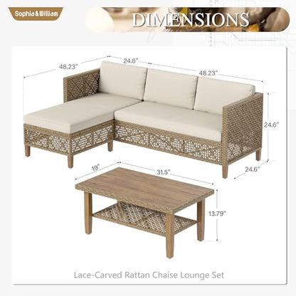 Boho Rattan Patio Sectional Set with Thick Cushions & Coffee Table – Balcony, Backyard & Poolside Outdoor Furniture (Beige)