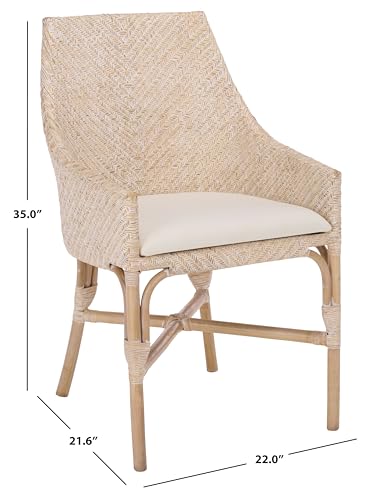 SAFAVIEH Home Collection – Rikan White Washed Rattan Arm Chair with Ivory Seat Cushion, Modern Curved Silhouette, Fully Assembled (ACH4907A)