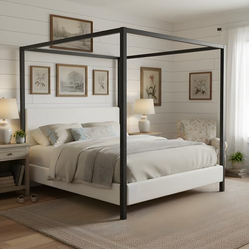 King Canopy Bed with Black Metal Frame and Plush White Bouclé Upholstery, view 6