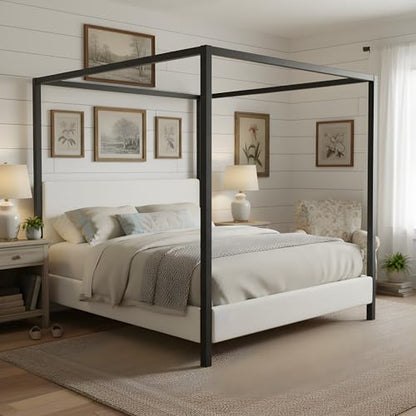 King Canopy Bed with Black Metal Frame and Plush White Bouclé Upholstery, view 6