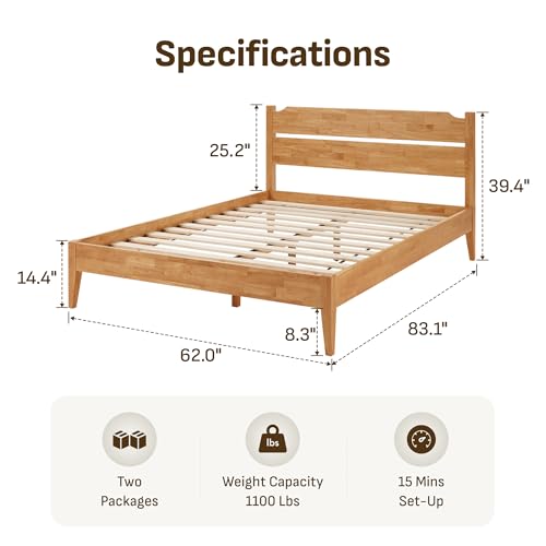 Solid Wood Bed Frame with Rubberwood Platform, Quiet Stability Design, view 3