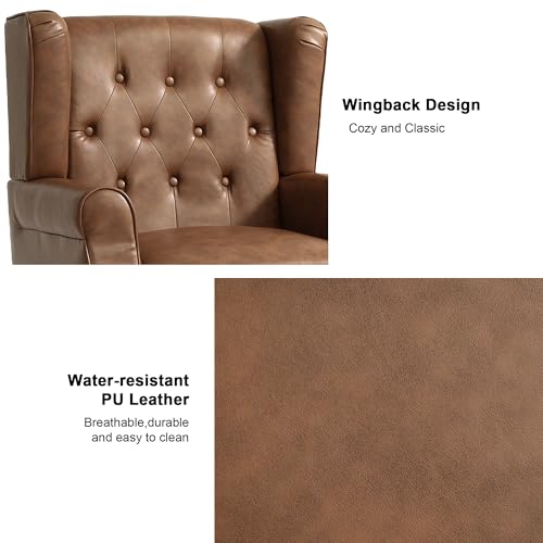 Accent Chair, Upholstered Armchair with Button Tufted High Back & Solid Wood Legs, Comfy Wingback Reading Single Sofa Chair for Small Spaces, Living Room, Bedroom (Leather Brown, Set of 2)