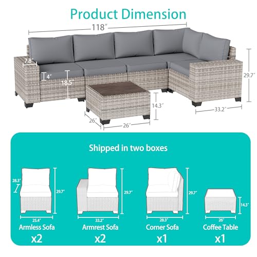 Outdoor Patio Furniture Set PE Wicker Rattan Outdoor Sectional Sofa | Patio Conversation Set with Chunky Arms Thickened Cushions & Glass Coffee Table for Garden, Backyard, Poolside, Grey