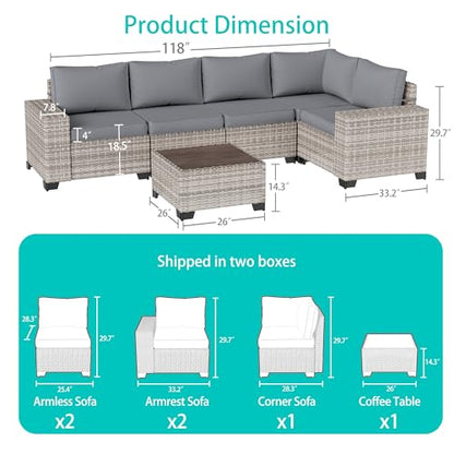 Outdoor Patio Furniture Set PE Wicker Rattan Outdoor Sectional Sofa | Patio Conversation Set with Chunky Arms Thickened Cushions & Glass Coffee Table for Garden, Backyard, Poolside, Grey