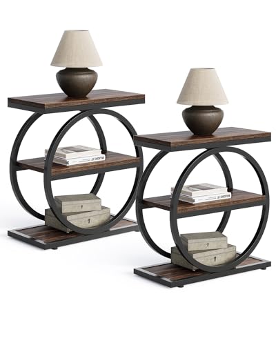 End Table, 3-Tier Side Table, Slim Sofa Side Table for Living Room, Tall Bedside Table Nightstand for Bedroom, Rustic Brown and Black