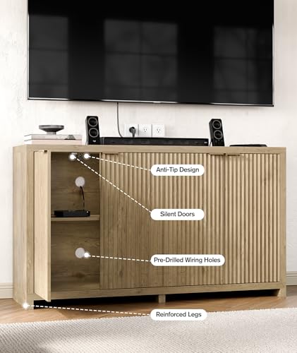 55 inch Oak Fluted Sideboard Buffet Cabinet with 4 Doors, Adjustable Shelves, view 6