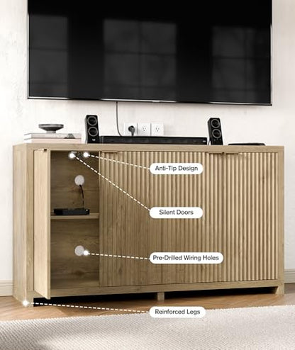 55 inch Oak Fluted Sideboard Buffet Cabinet with 4 Doors, Adjustable Shelves, view 6