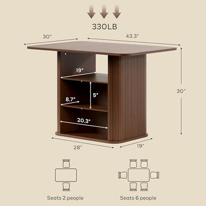 Dining Table for 4, Small Rectangular Kitchen Table for 2 with 3-Tier Storage Shelf, Farmhouse Modern Fluted Wood Table (Walnut)