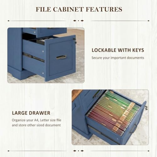 67'' Farmhouse L-Shaped Desk with Drawers for Home Office, Blue, view 5