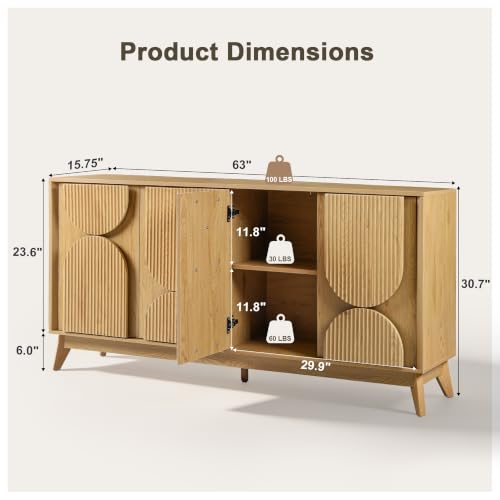 63 Inch Mid Century Modern Fluted Sideboard Buffet Cabinet Natural, view 4