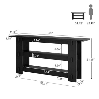 63-Inch Solid Wood Console Table, Farmhouse Sofa Table Behind Couch with Storage Shelves, Entryway Furniture for Living Room, Hallway, Foyer, Black