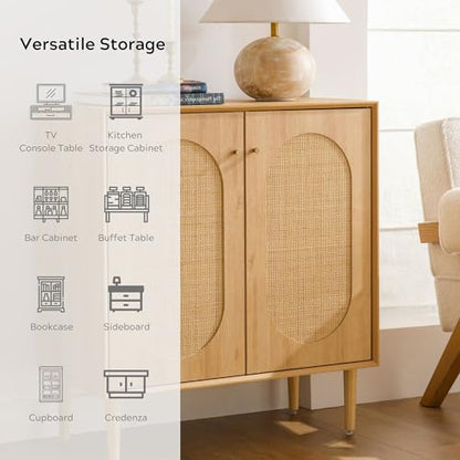 Rattan Storage Cabinets with Shelves, Narrow Cabinet with Storage, Sideboard Cabinet with Doors, Rattan Cabinets for Kitchen Dining Room Living Room, Natural Oak
