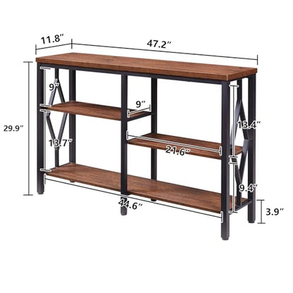 Console Sofa Table, Rustic Entryway Table with Metal Frame and Open Shelves, Industrial Hallway Table with 3 Tier for Entry, Living Room, Foyer,Brown,47 inch