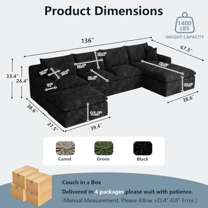 136" Cloud Sectional Couch with U-Shaped Chaise,Corduroy Viral Boneless Sofa with Ottoman,Memory Foam Couches in a Box with Deep Seat for Living Room,No Assembly Required (Black,Right-Facing Chaise)