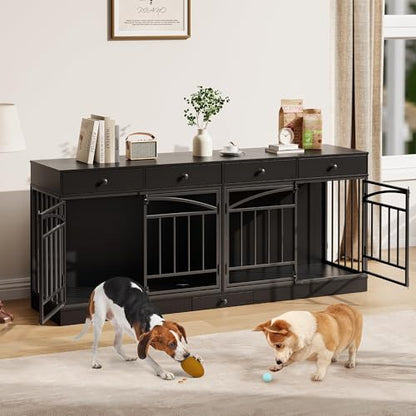 78.7" Dog Crate Furniture for 2 Dogs with 4 Drawers, Black, view 4