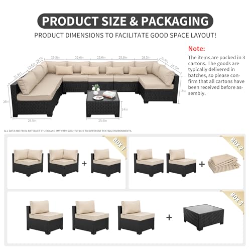 9 Pieces Outdoor Sectional All-Weather Wicker Patio Furniture Set Patio Sectional Glass Patio Table Non-Slip Cushions and Waterproof Covers, Khaki