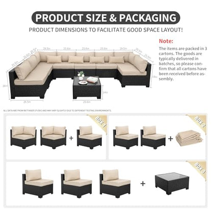 9 Pieces Outdoor Sectional All-Weather Wicker Patio Furniture Set Patio Sectional Glass Patio Table Non-Slip Cushions and Waterproof Covers, Khaki