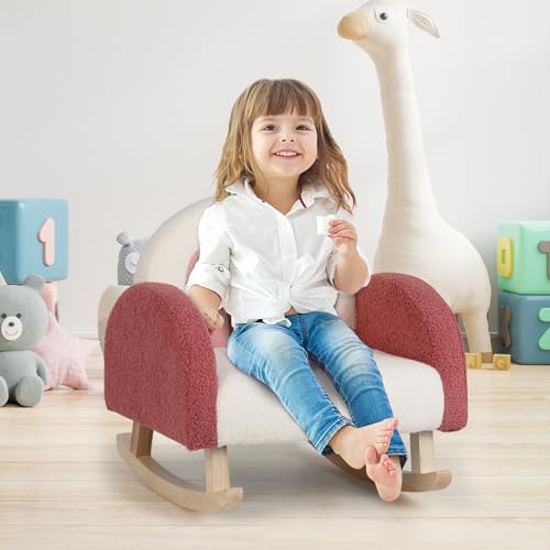 Toddler Rocking Chair, Kids Rocker with Solid Wood Frame & Plush Fabric, Anti-Tipping Design, Toddler Couch for Kids Room, Playroom, Nursery, Bedroom (Red)