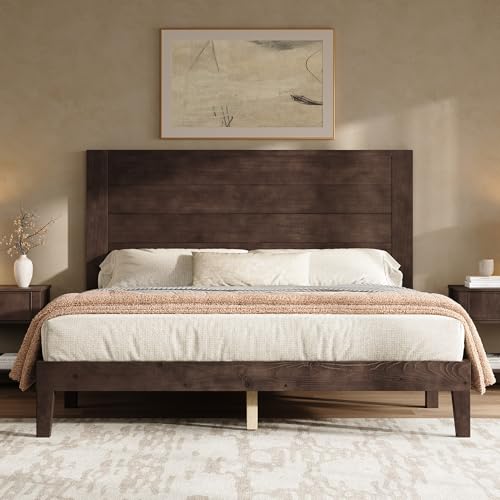 Queen Size Solid Wood Bed Frame with 48" Headboard Design, Walnut, view 2