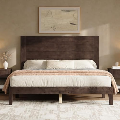 Queen Size Solid Wood Bed Frame with 48" Headboard Design, Walnut, view 2