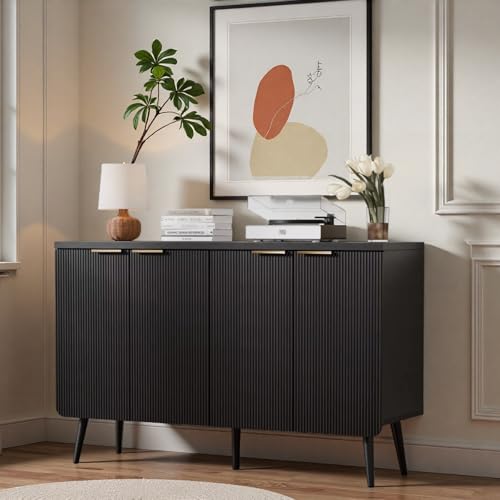 47.2" Modern Fluted Sideboard Cabinet with 4 Doors, Wood Storage Credenza with Shelves, Multi-Purpose Buffet Cabinet for Entryway, Dining & Living Room, Black
