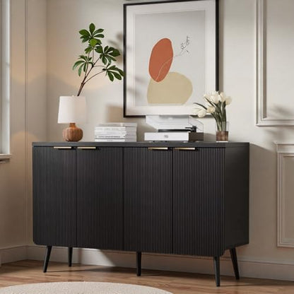 47.2" Modern Fluted Sideboard Cabinet with 4 Doors, Wood Storage Credenza with Shelves, Multi-Purpose Buffet Cabinet for Entryway, Dining & Living Room, Black