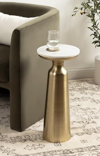Cardina Glam Marble Round Drink Table, 10 x 10 x 22, White Marble and Gold, Modern Marble Top Circle Mini Table for Use as a Small Bedroom Nightstand or Living Room Plant Stand Option