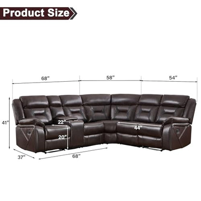 Faux Leather Reclining Sectional Couch for Living Room, L-Shaped Sectional Corner Manual Recliner Sofa Home Furniture Set with Center Console, Cup Holders and Storage, Dark Brown