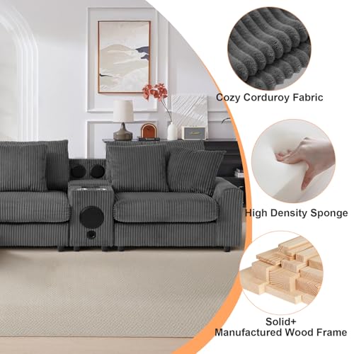 114" Corduroy Sectional Modular Couch with Speakers, L Shaped Couches Comfy Deep Sofa with Console, USB Charger, Cup Holders, Storage, Ottoman for Living Room (Gray, 114in)