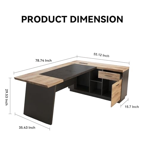 L Shape Executive Desk, Large Office Desk with Drawers & Shelves, view 3