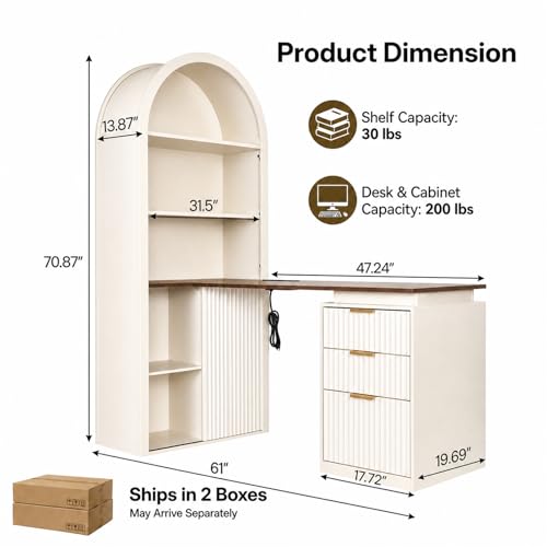 61" L Shaped Desk with Arched Hutch, White Corner Computer Desk with Power Outlets, 3 Drawers, File Cabinet and Sliding Door Storage for Home Office