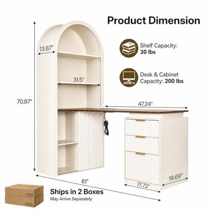 61" L Shaped Desk with Arched Hutch, White Corner Computer Desk with Power Outlets, 3 Drawers, File Cabinet and Sliding Door Storage for Home Office
